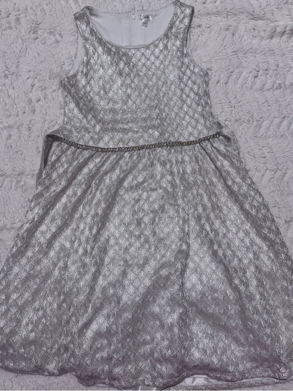 Tahari Silver Metallic Sleeveless Party Dress with Rhinestone Trim